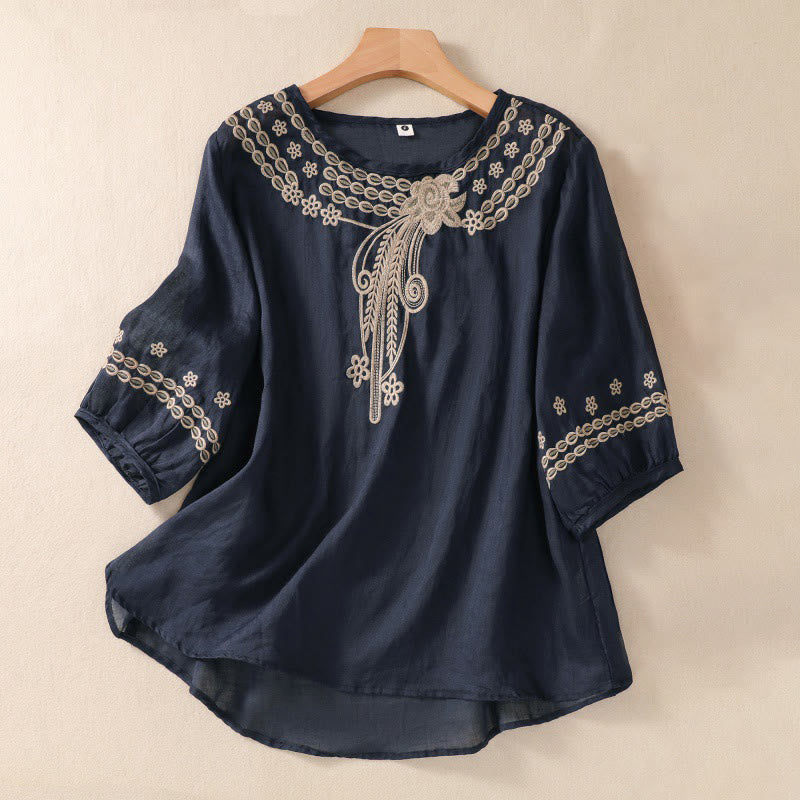 Camicia in cotone e lino a maniche corte con scollo a giro e design cavo da donna Buddha Stones - Blu notte - US8-10, UK/AU12-14, EU40-42 (2XL) - image 7