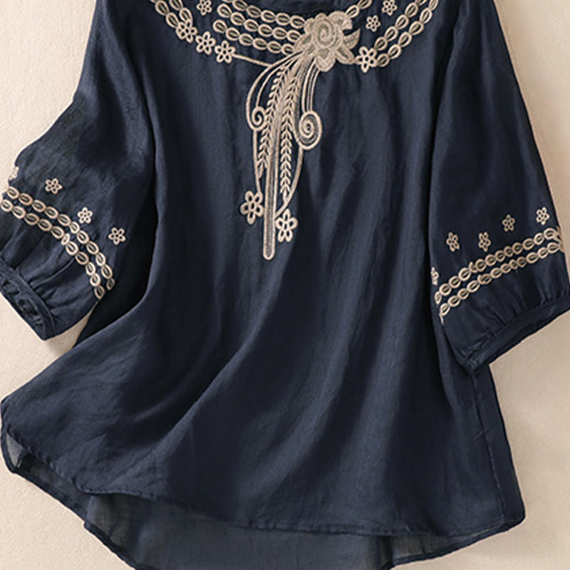 Camicia in cotone e lino a maniche corte con scollo a giro e design cavo da donna Buddha Stones - image 11