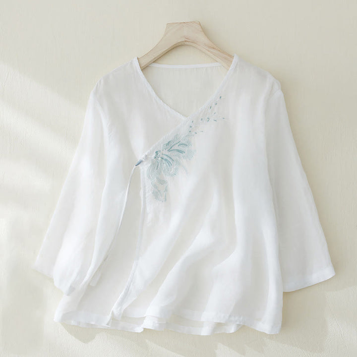 Camicia da donna casual con maniche a tre quarti e ricamo di piante Buddha Stones. - Bianco - US8-10, UK/AU12-14, EU40-42 (2XL) - image 7
