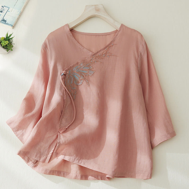Camicia casual da donna in cotone e lino con maniche a tre quarti e ricamo di piante, motivo Buddha Stones - MistyRose - US8-10, UK/AU12-14, EU40-42 (2XL) - image 1