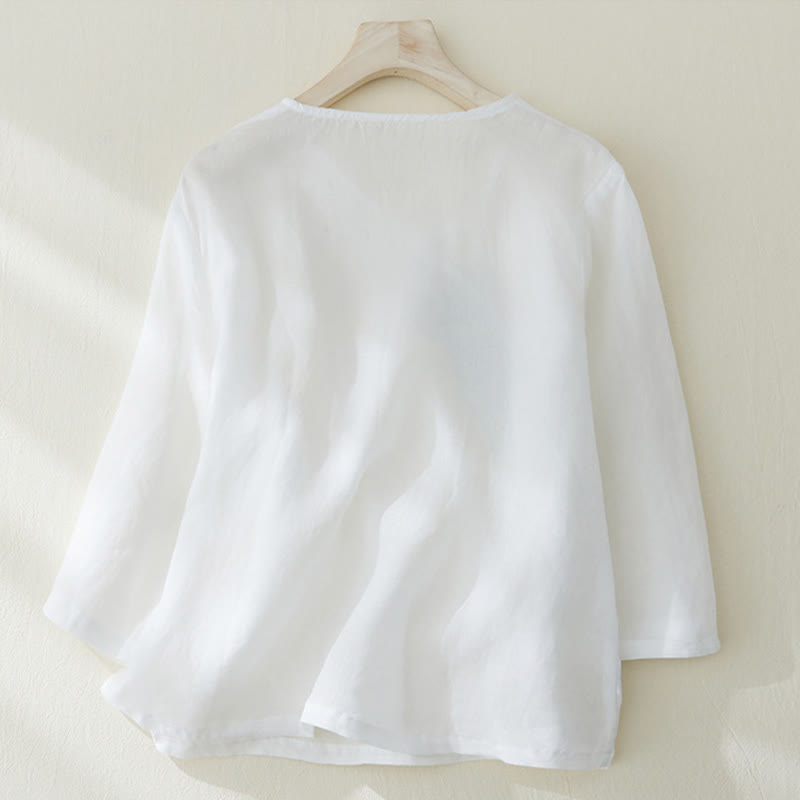Camicia casual da donna in cotone e lino con maniche a tre quarti e ricamo di piante, motivo Buddha Stones - image 9