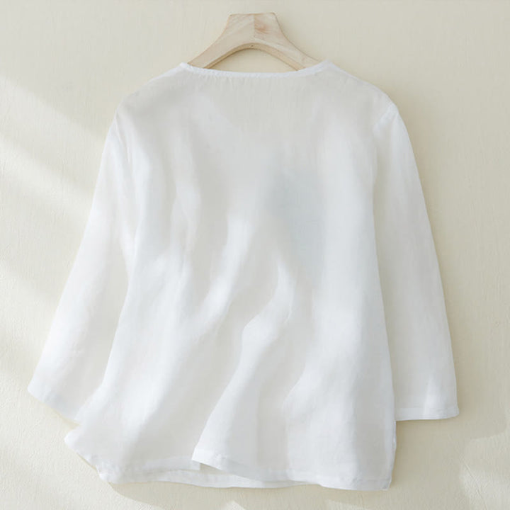 Camicia casual da donna in cotone e lino con maniche a tre quarti e ricamo di piante, motivo Buddha Stones - image 9