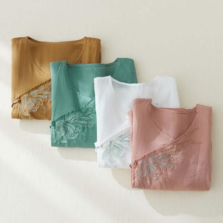 Camicia casual da donna in cotone e lino con maniche a tre quarti e ricamo di piante, motivo Buddha Stones - image 26