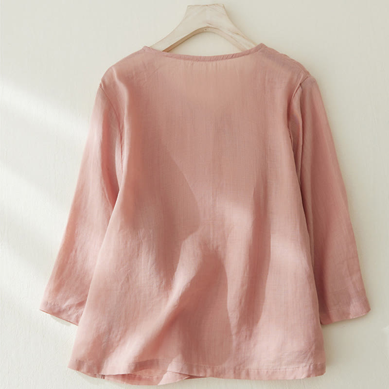 Camicia casual da donna in cotone e lino con maniche a tre quarti e ricamo di piante, motivo Buddha Stones - image 1