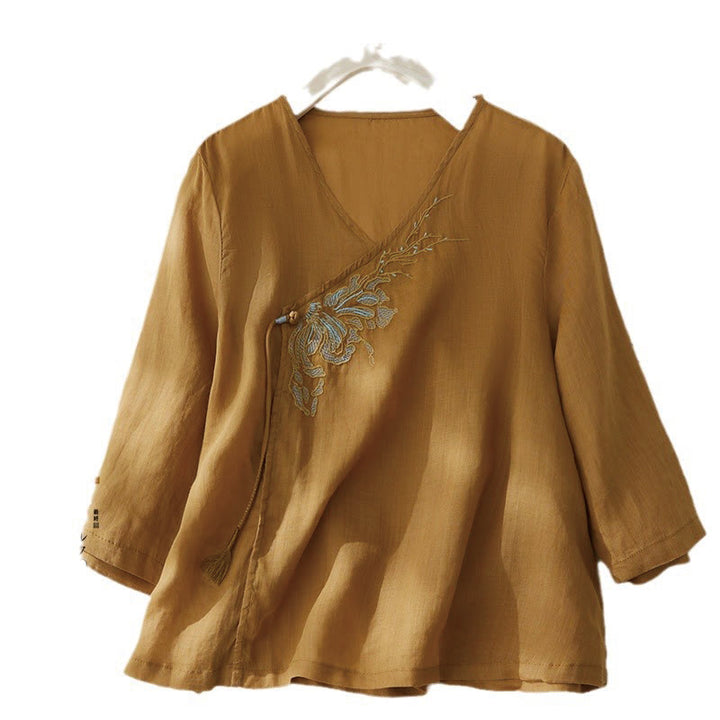 Camicia da donna casual con maniche a tre quarti e ricamo di piante Buddha Stones. - Arancia - US8-10, UK/AU12-14, EU40-42 (2XL) - image 13