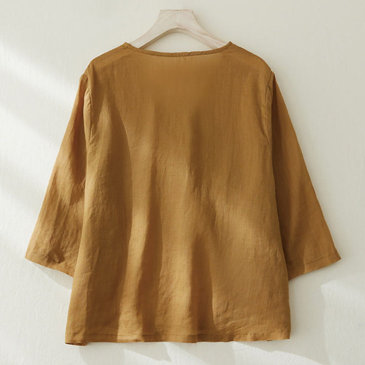 Camicia casual da donna in cotone e lino con maniche a tre quarti e ricamo di piante, motivo Buddha Stones - image 15
