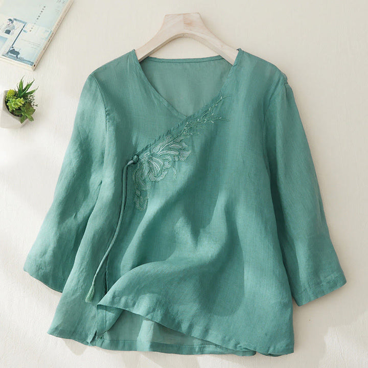 Camicia casual da donna in cotone e lino con maniche a tre quarti e ricamo di piante, motivo Buddha Stones - VerdeMare Chiaro - US8-10, UK/AU12-14, EU40-42 (2XL) - image 21