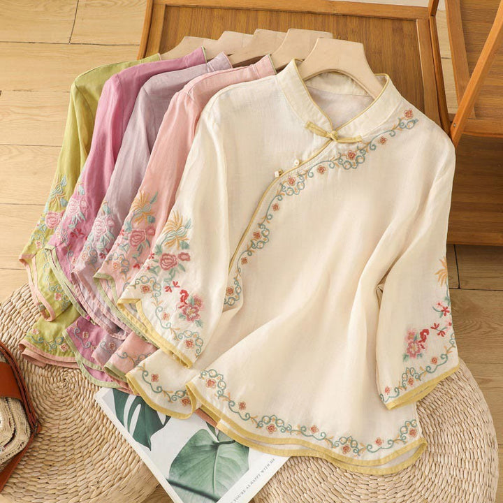 Camicia casual in cotone e lino con maniche a tre quarti e colletto alto con fiori ricamati da donna Buddha Stones - image 18
