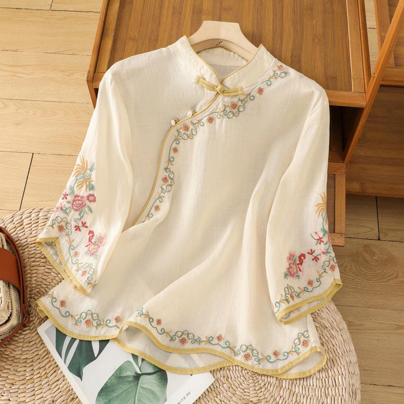 Camicia casual in cotone e lino con maniche a tre quarti e colletto alto con fiori ricamati da donna Buddha Stones - OldLace - US8-10, UK/AU12-14, EU40-42 (2XL) - image 0