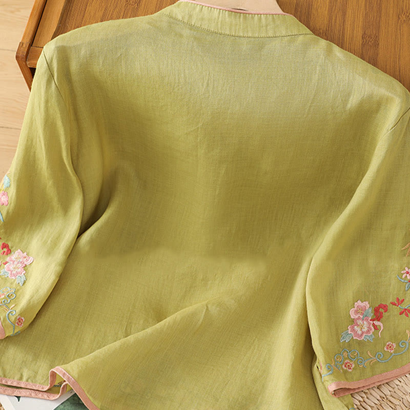 Camicia casual in cotone e lino con maniche a tre quarti e colletto alto con fiori ricamati da donna Buddha Stones - image 10
