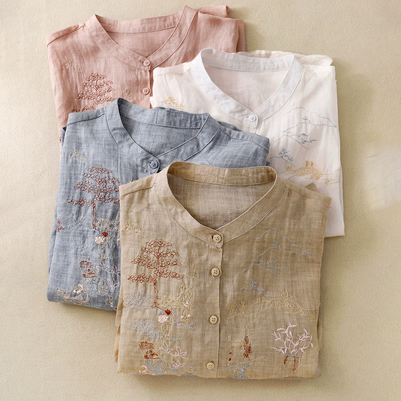 Camicia da donna in cotone e lino con maniche a tre quarti, motivo : Buddha Stones, casual, con colletto alto e ricamo a pianta