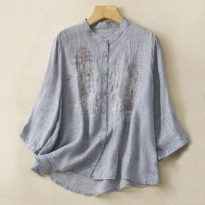 Camicia da donna in cotone e lino con maniche a tre quarti, motivo : Buddha Stones, casual, con colletto alto e ricamo a pianta