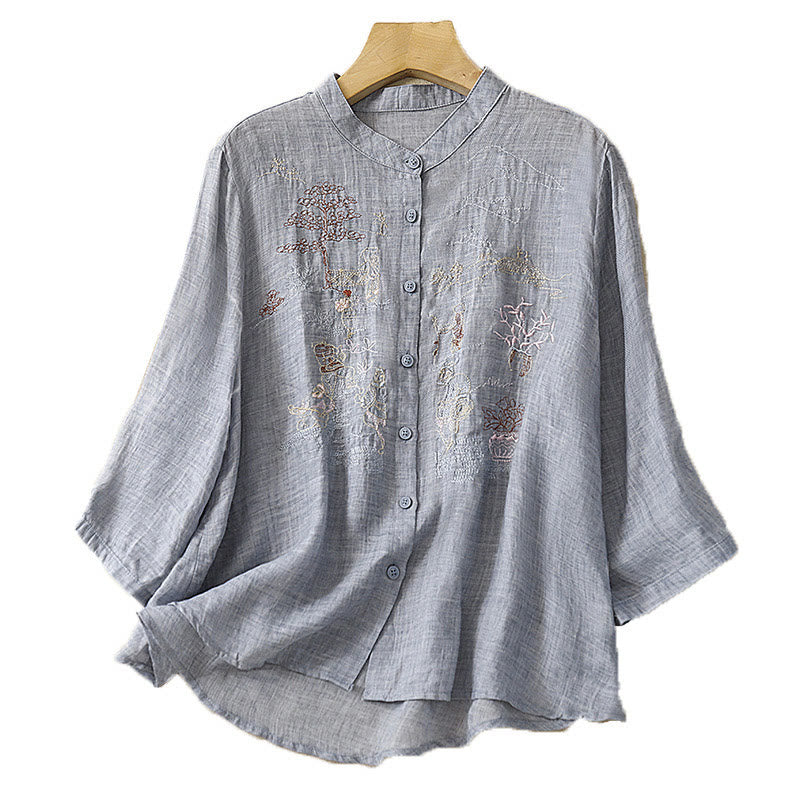 Camicia da donna in cotone e lino con maniche a tre quarti, motivo : Buddha Stones, casual, con colletto alto e ricamo a pianta