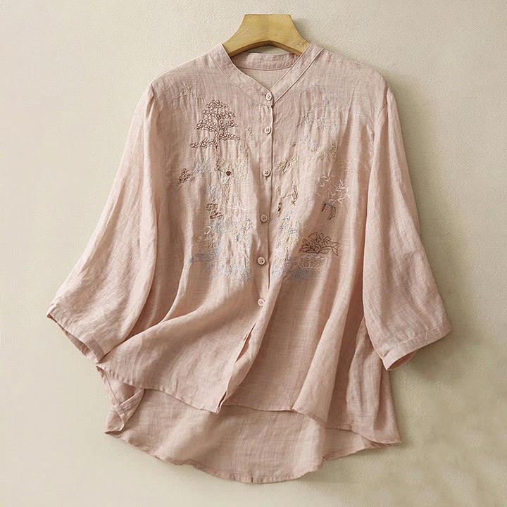 Camicia da donna in cotone e lino con maniche a tre quarti, motivo : Buddha Stones, casual, con colletto alto e ricamo a pianta