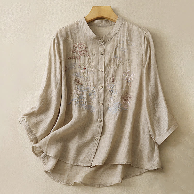 Camicia da donna in cotone e lino con maniche a tre quarti, motivo : Buddha Stones, casual, con colletto alto e ricamo a pianta