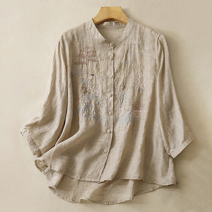 Camicia da donna in cotone e lino con maniche a tre quarti, motivo : Buddha Stones, casual, con colletto alto e ricamo a pianta