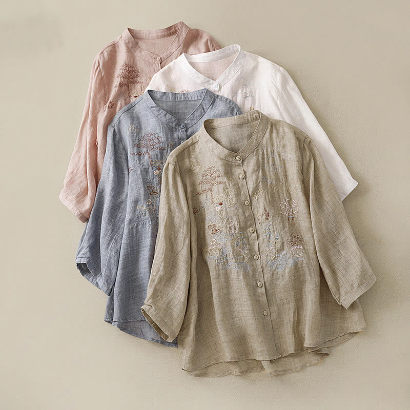 Camicia da donna in cotone e lino con maniche a tre quarti, motivo : Buddha Stones, casual, con colletto alto e ricamo a pianta
