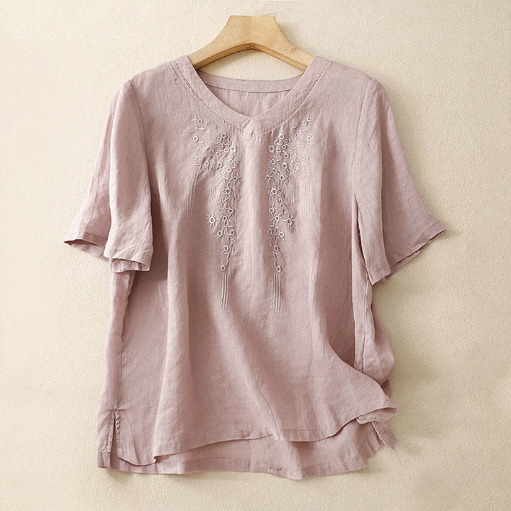 Camicia casual da donna in cotone e lino con scollo a V e fiori ricamati, manica corta, modello Buddha Stones