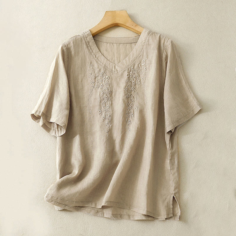 Camicia casual da donna in cotone e lino con scollo a V e fiori ricamati, manica corta, modello Buddha Stones