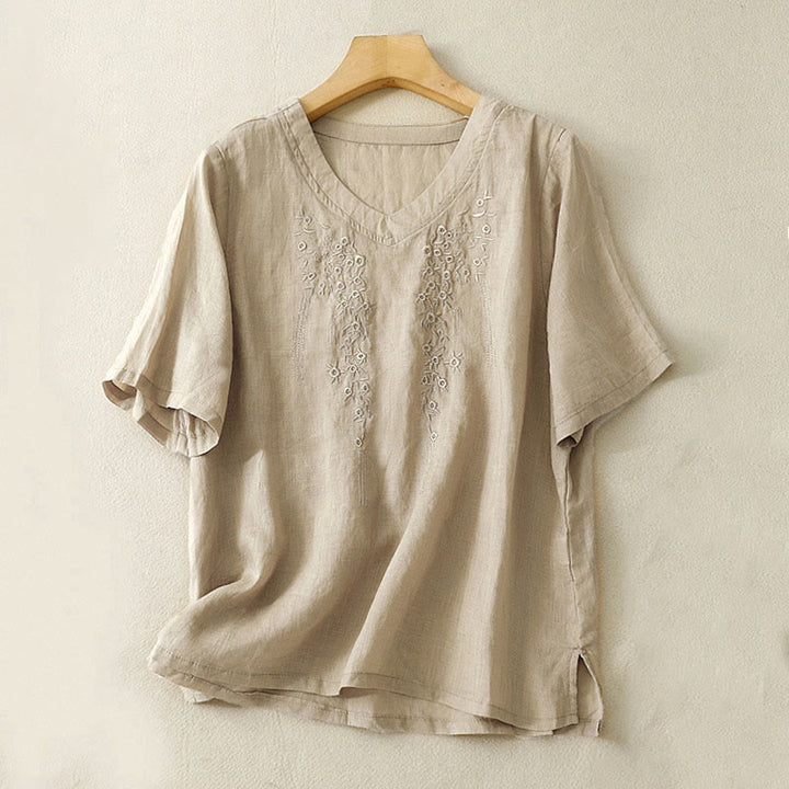 Camicia casual da donna in cotone e lino con scollo a V e fiori ricamati, manica corta, modello Buddha Stones