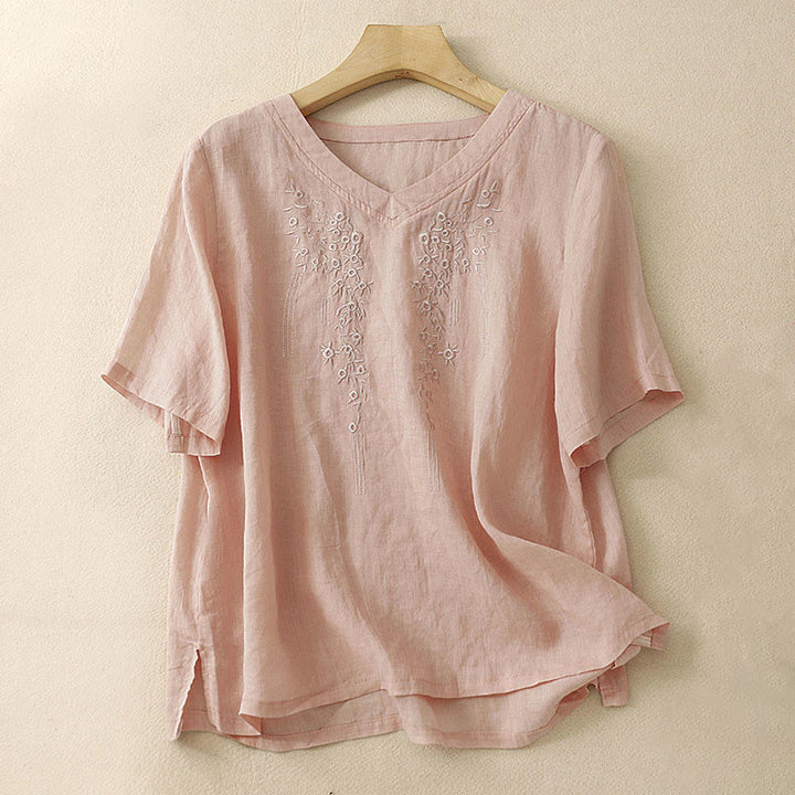 Camicia casual da donna in cotone e lino con scollo a V e fiori ricamati, manica corta, modello Buddha Stones