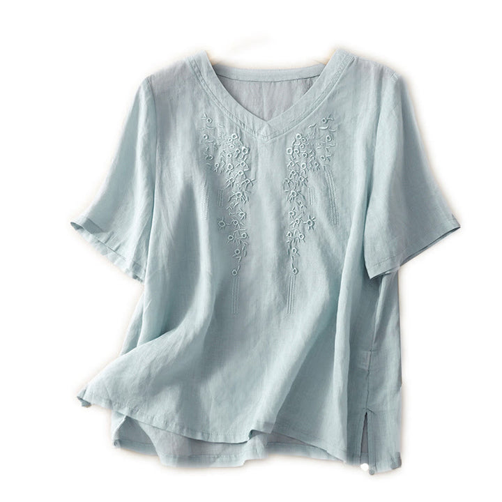 Camicia casual da donna in cotone e lino con scollo a V e fiori ricamati, manica corta, modello Buddha Stones