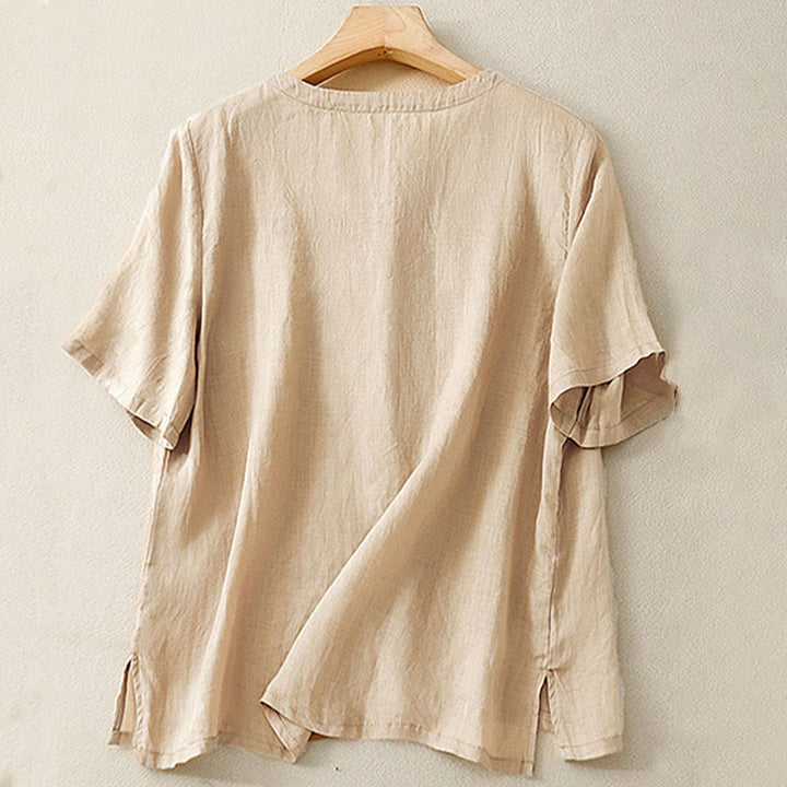 Camicia casual da donna in cotone e lino con scollo a V e fiori ricamati, manica corta, modello Buddha Stones