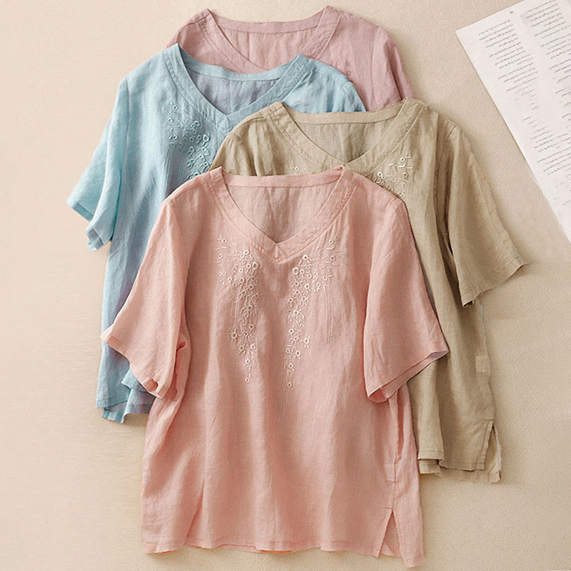 Camicia casual da donna in cotone e lino con scollo a V e fiori ricamati, manica corta, modello Buddha Stones