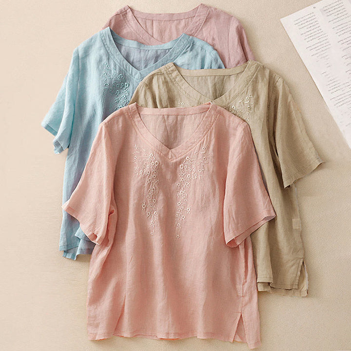 Camicia casual da donna in cotone e lino con scollo a V e fiori ricamati, manica corta, modello Buddha Stones