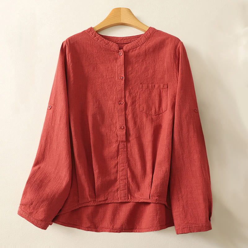 Camicia casual da donna in cotone e lino con colletto alto e maniche lunghe, modello Buddha Stones - FireBrick - US8-10, UK/AU12-14, EU40-42 (2XL) - image 0