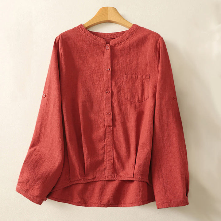 Camicia casual da donna in cotone e lino con colletto alto e maniche lunghe, modello Buddha Stones - FireBrick - US8-10, UK/AU12-14, EU40-42 (2XL) - image 0