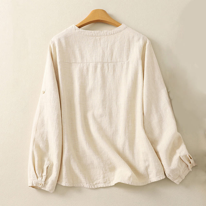 Camicia casual da donna in cotone e lino con colletto alto e maniche lunghe, modello Buddha Stones - image 5