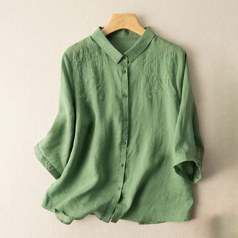 Camicia da donna casual con Buddha Stones, colletto alto e maniche corte. - Verde medio del mare - US8-10, UK/AU12-14, EU40-42 (2XL) - image 0