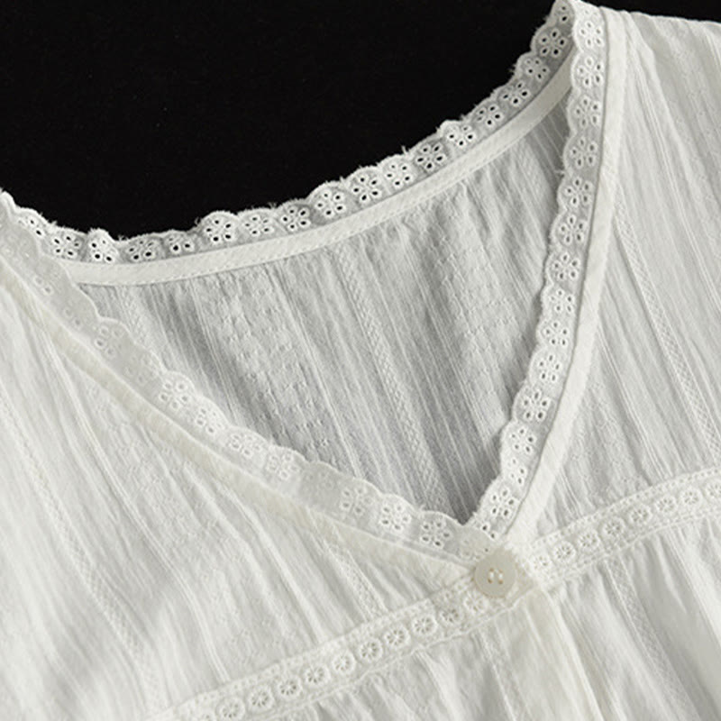 Camicia da donna in cotone a maniche corte con scollo a V in pizzo bianco puro Buddha Stones - image 6