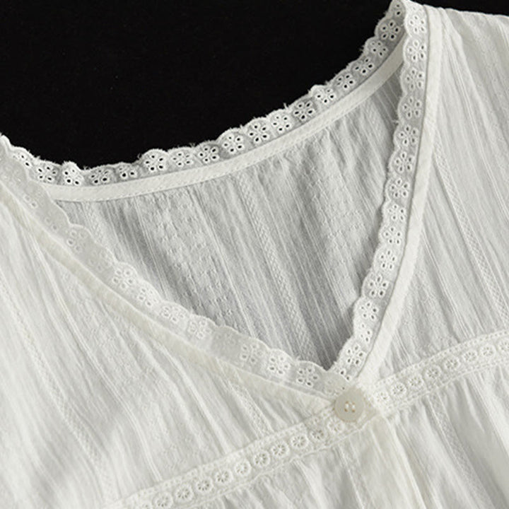 Camicia da donna in cotone a maniche corte con scollo a V in pizzo bianco puro Buddha Stones - image 6