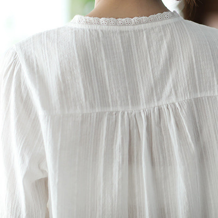 Camicia da donna in cotone a maniche corte con scollo a V in pizzo bianco puro Buddha Stones - image 5