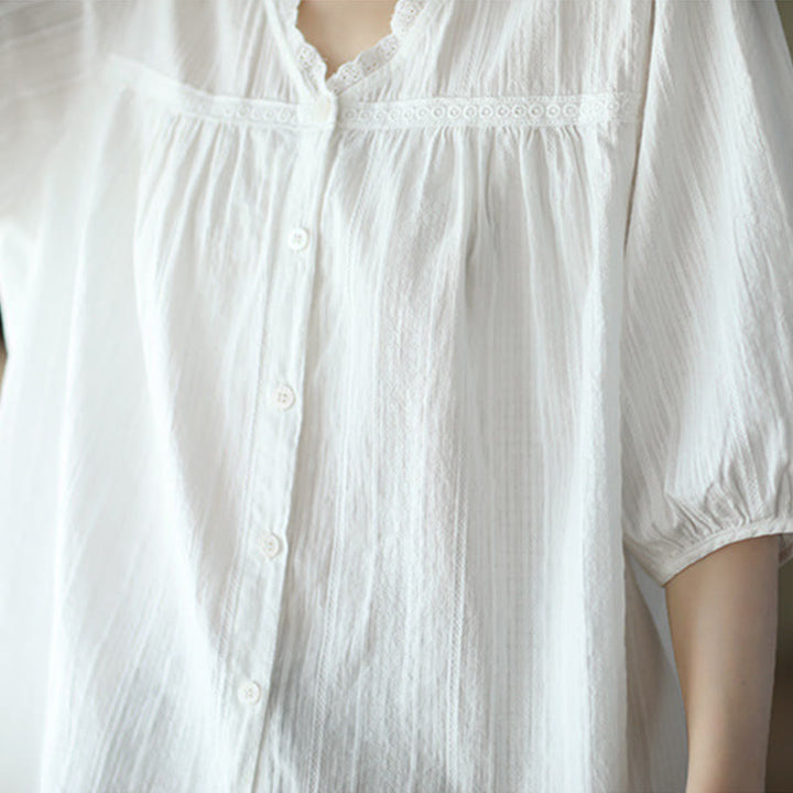 Camicia da donna in cotone a maniche corte con scollo a V in pizzo bianco puro Buddha Stones - image 7