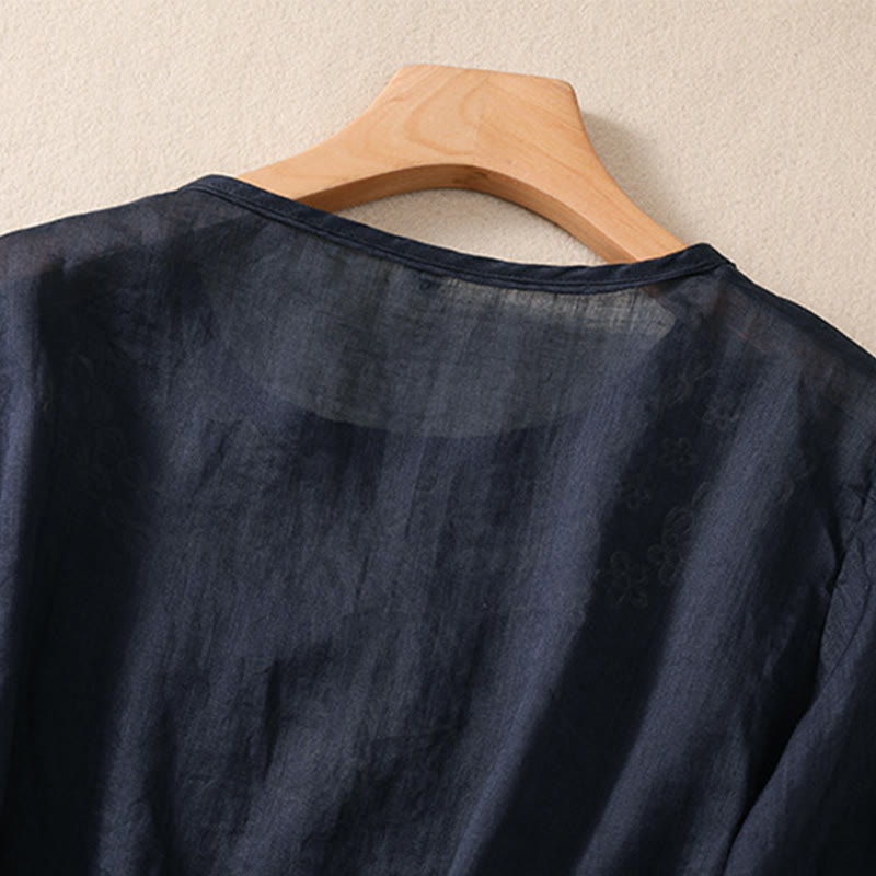 Camicia in cotone e lino a maniche corte con scollo a giro e design cavo da donna Buddha Stones - image 10