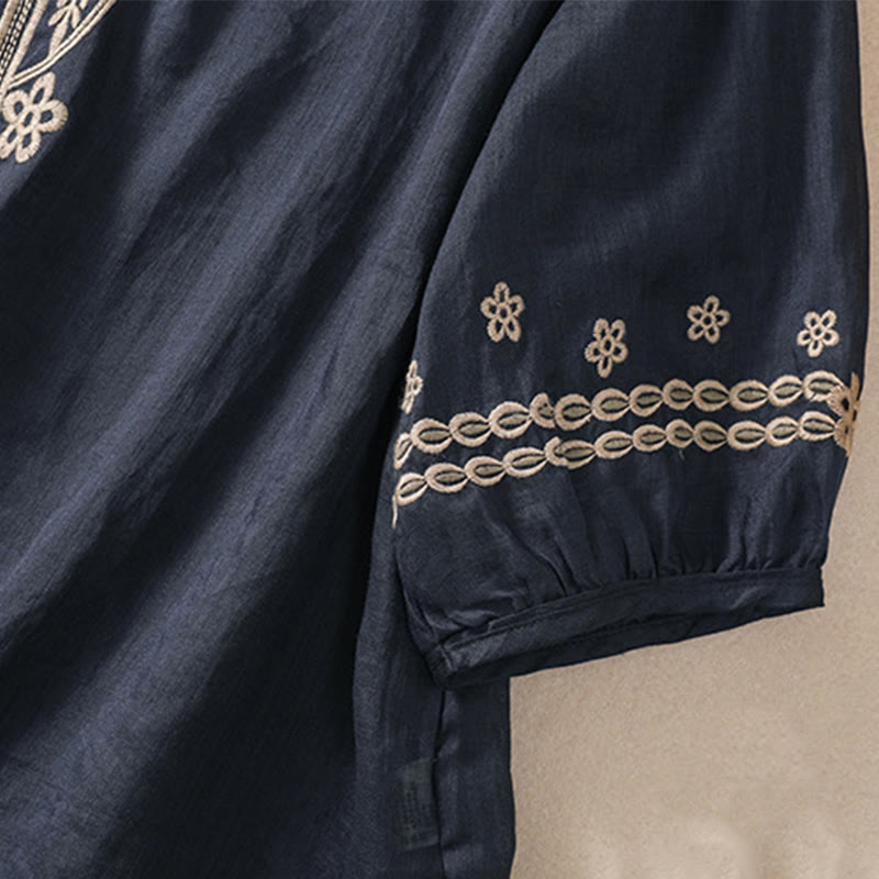 Camicia in cotone e lino a maniche corte con scollo a giro e design cavo da donna Buddha Stones - image 13