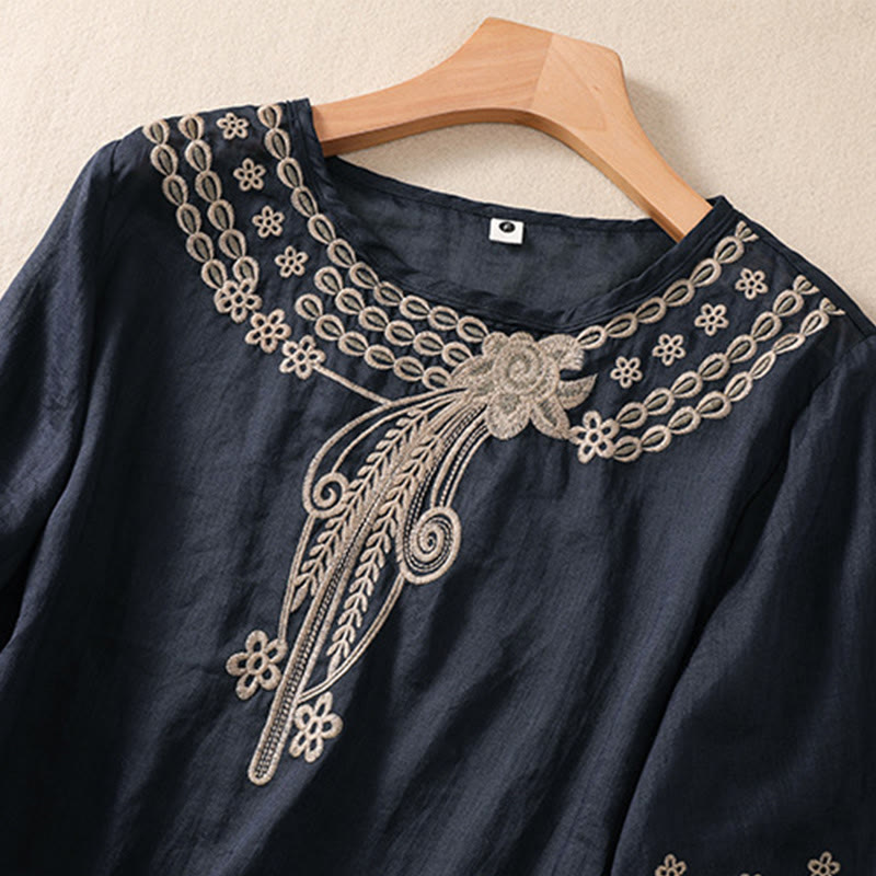 Camicia in cotone e lino a maniche corte con scollo a giro e design cavo da donna Buddha Stones - image 9