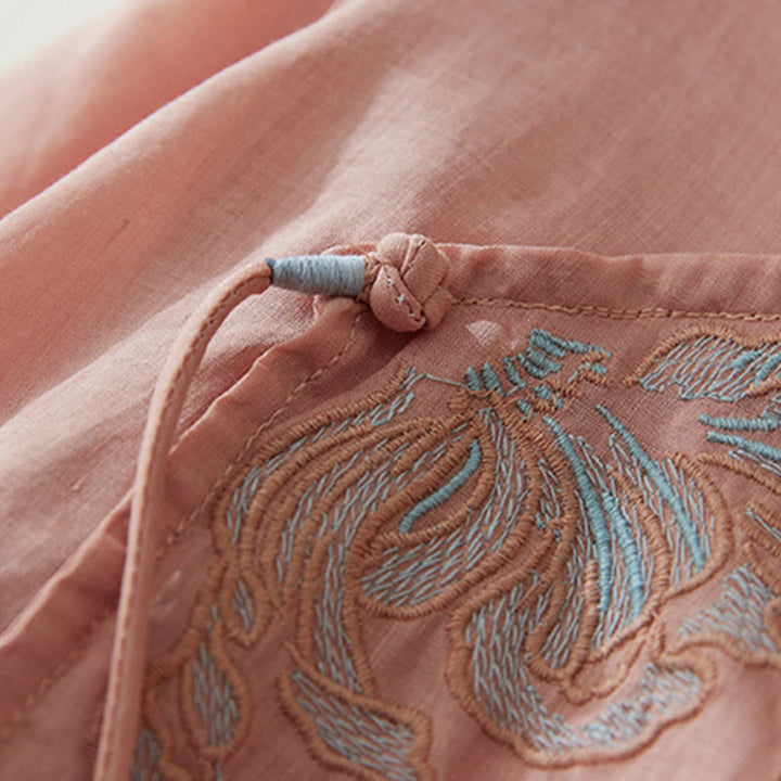 Camicia casual da donna in cotone e lino con maniche a tre quarti e ricamo di piante, motivo Buddha Stones - image 4