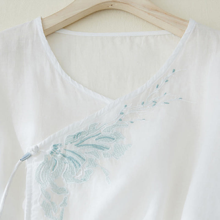 Camicia casual da donna in cotone e lino con maniche a tre quarti e ricamo di piante, motivo Buddha Stones - image 9