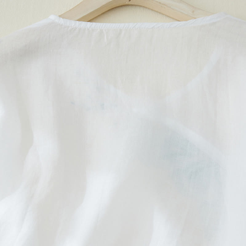 Camicia casual da donna in cotone e lino con maniche a tre quarti e ricamo di piante, motivo Buddha Stones - image 11