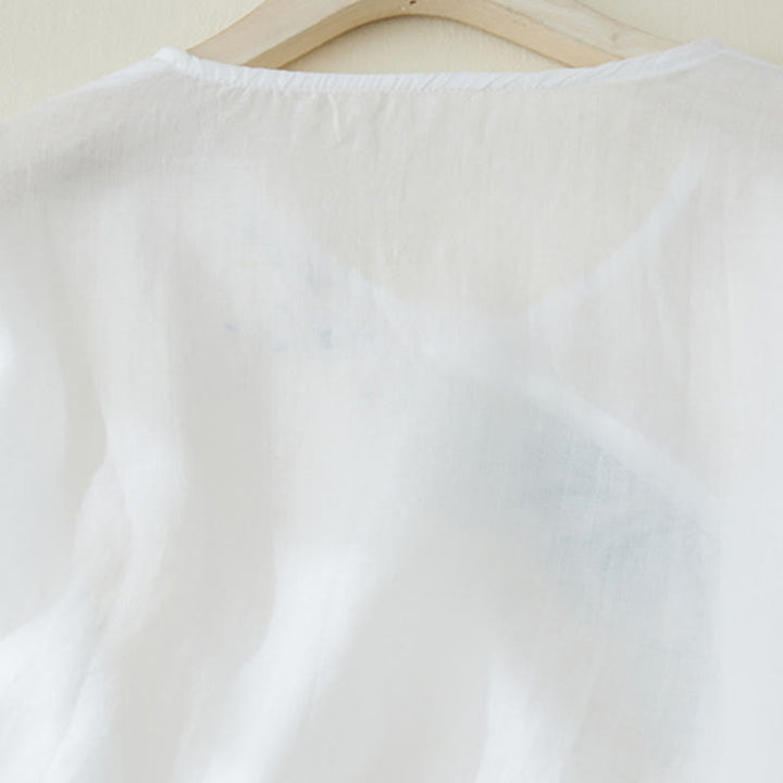 Camicia casual da donna in cotone e lino con maniche a tre quarti e ricamo di piante, motivo Buddha Stones - image 11
