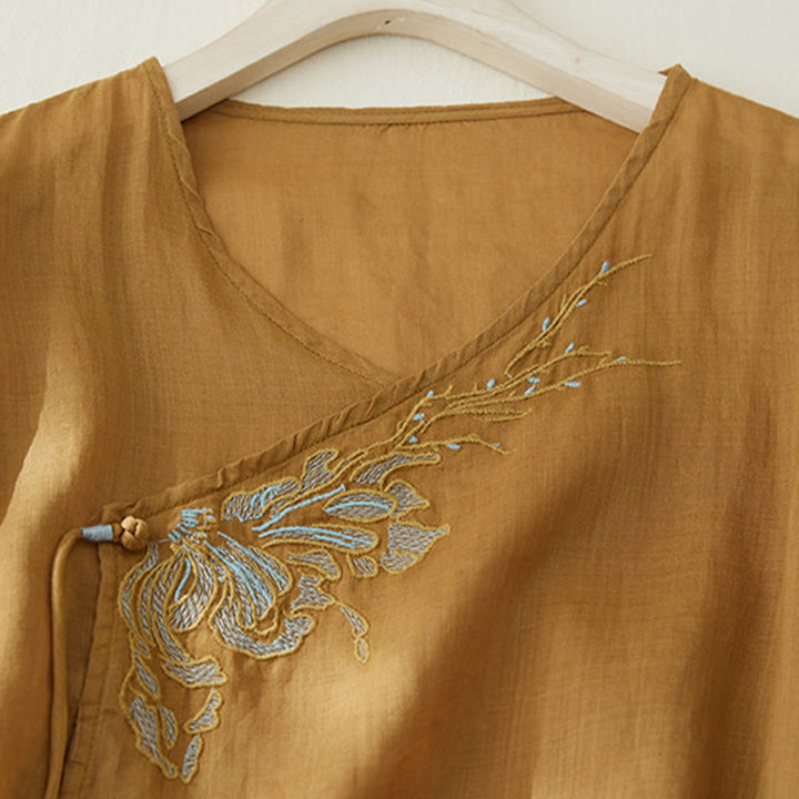 Camicia casual da donna in cotone e lino con maniche a tre quarti e ricamo di piante, motivo Buddha Stones - image 15