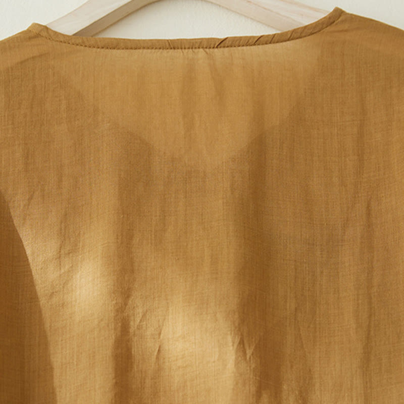 Camicia casual da donna in cotone e lino con maniche a tre quarti e ricamo di piante, motivo Buddha Stones - image 17