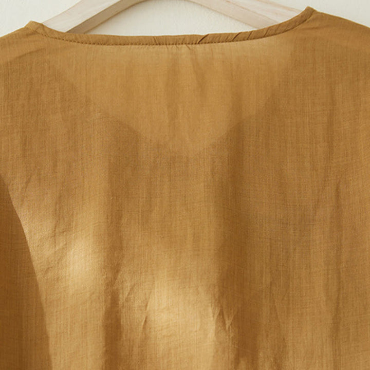 Camicia casual da donna in cotone e lino con maniche a tre quarti e ricamo di piante, motivo Buddha Stones - image 17