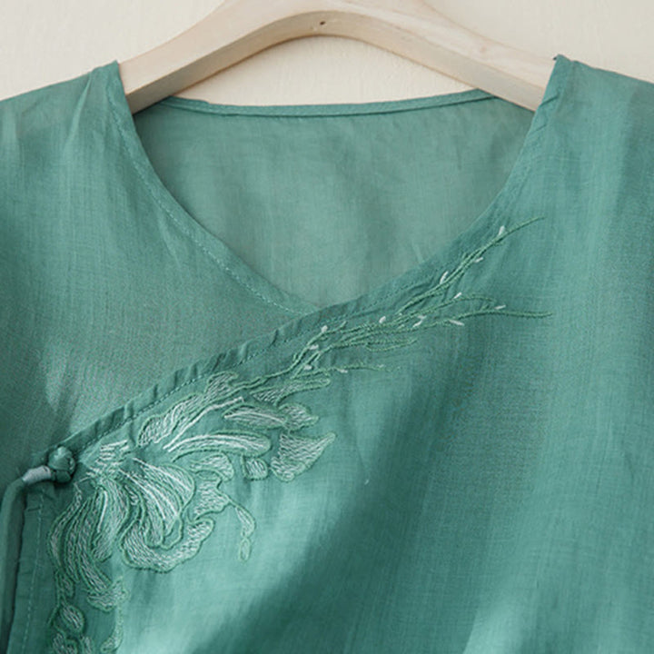 Camicia casual da donna in cotone e lino con maniche a tre quarti e ricamo di piante, motivo Buddha Stones - image 23