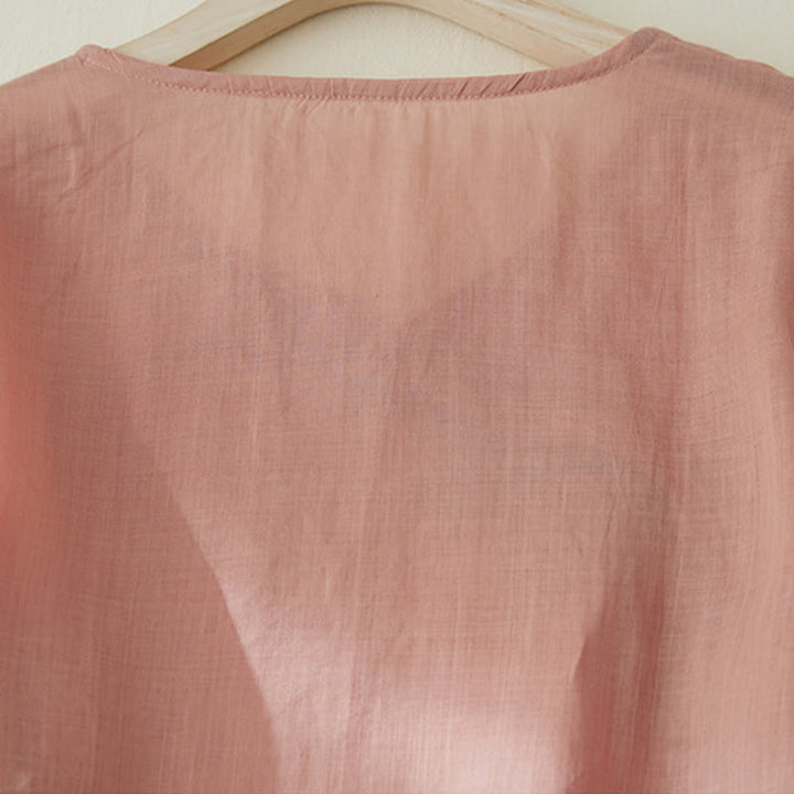 Camicia casual da donna in cotone e lino con maniche a tre quarti e ricamo di piante, motivo Buddha Stones - image 4