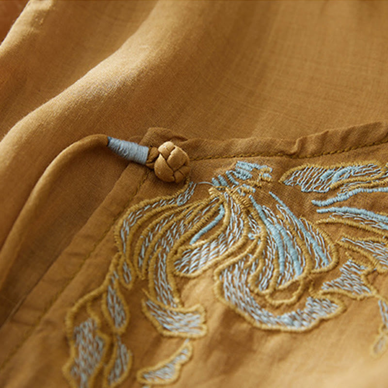 Camicia casual da donna in cotone e lino con maniche a tre quarti e ricamo di piante, motivo Buddha Stones - image 17